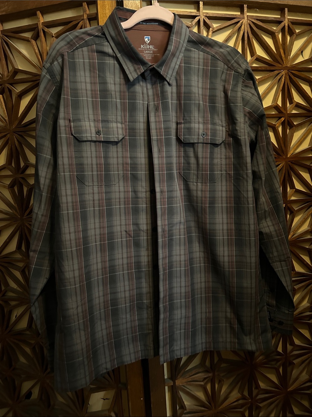 Kuhl Men's Plaid Button-Down Shirt in Gray and Brown Large